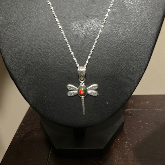 Elegant Black Fire Opal with Silver 925 Dragonfly Pendant on 925 Chain - Picture 6 of 9